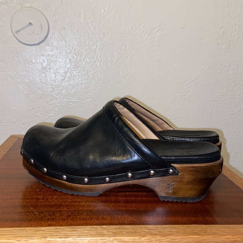 FRYE 6 wood Clog mule black leather